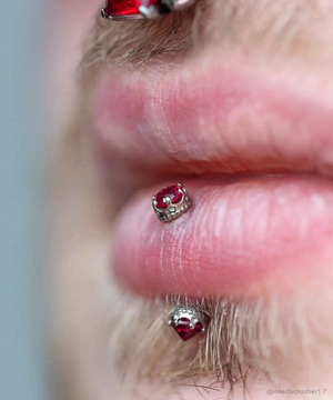 Vertical labret piercing featuring white gold Queen Ends