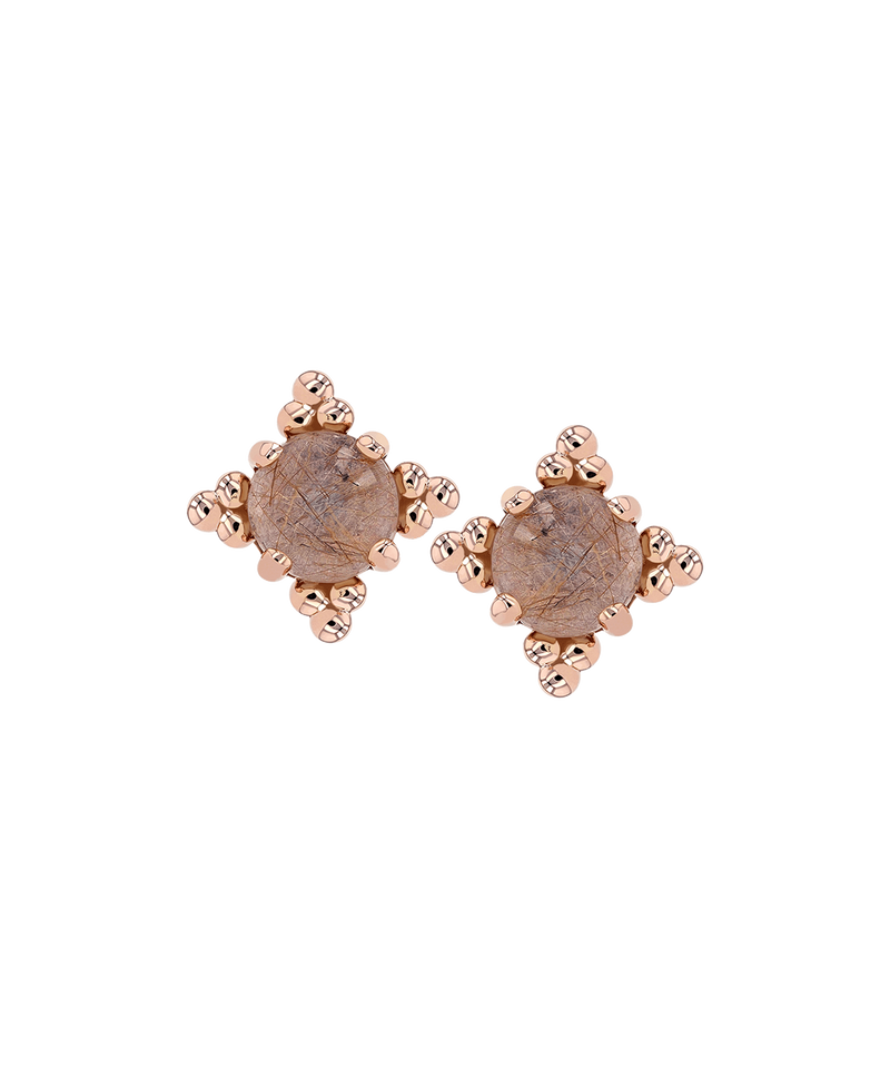 A pair of earrings featuring round cabochon gemstones with prong settings, likely in gold based on the description provided.
