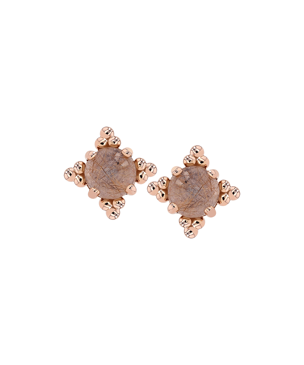 A pair of earrings featuring round cabochon gemstones with prong settings, likely in gold based on the description provided.