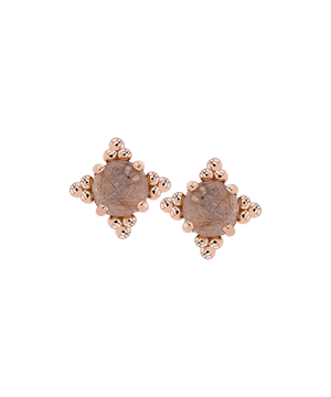 A pair of earrings featuring round cabochon gemstones with prong settings, likely in gold based on the description provided.